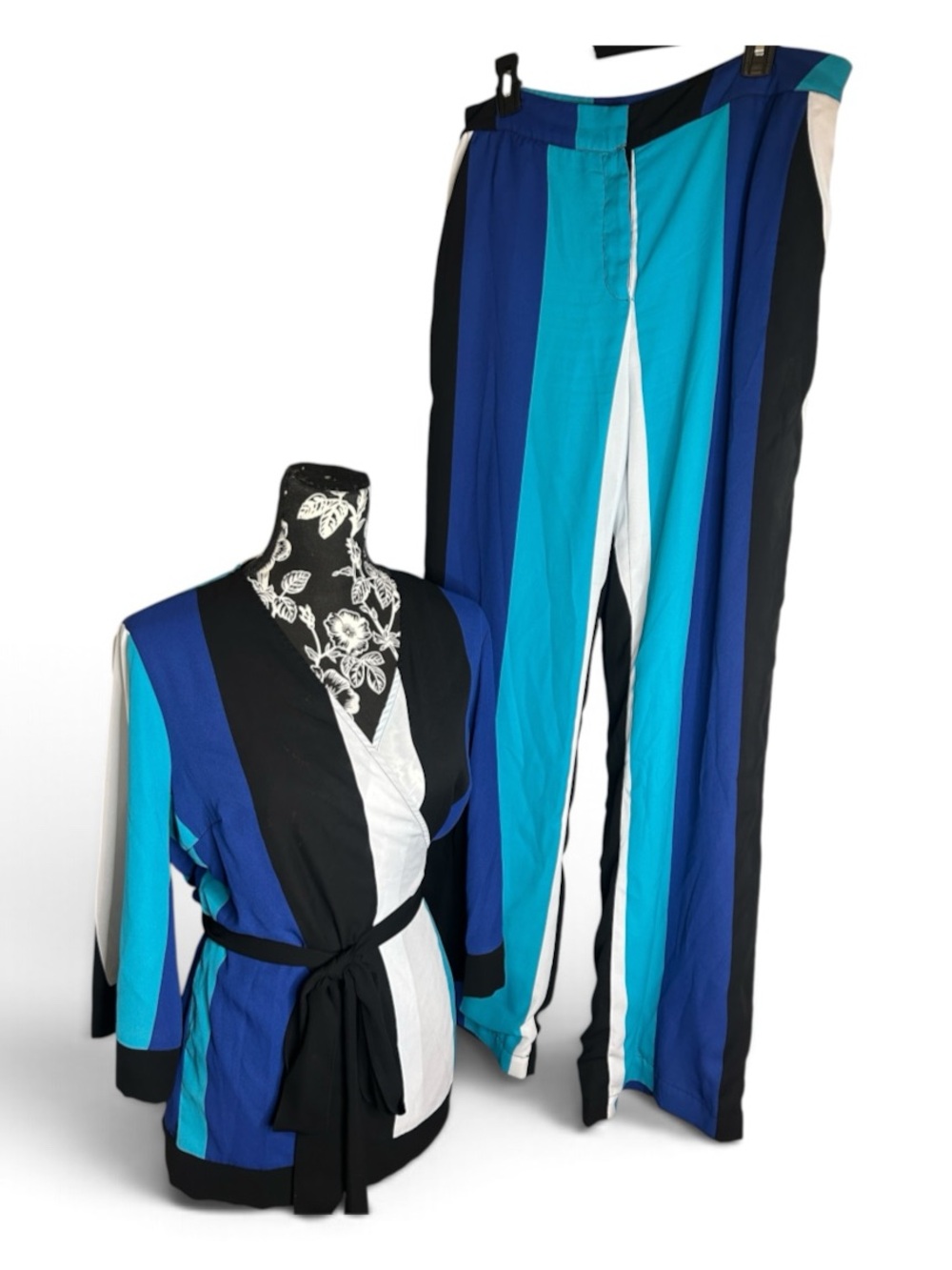 New York & Co Striped Colorblock Wide Leg Pants & Wrap Top Set Blue Women Large